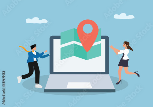 Business People Interacting with Laptop Displaying Map and Location Pin Symbolizing Digital Navigation, Online Mapping, and Geographic Collaboration in a Modern Technology Environment