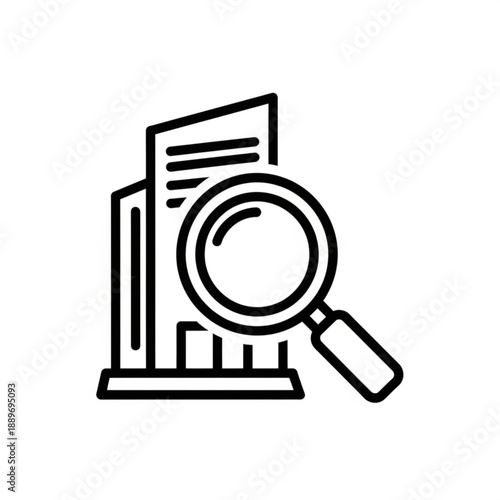 Magnifying glass examining a document on a desk, a simple line art illustration