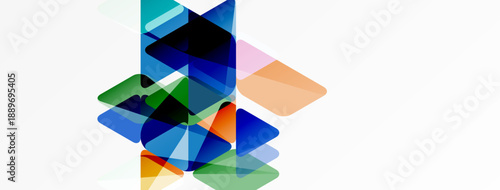 Abstract composition. Overlapping translucent squares, rectangles create dynamic visual effect. Colors include blue, green, orange, purple. Minimalist design.