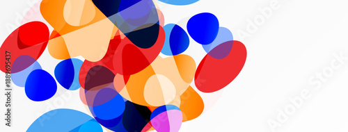 Abstract colorful shapes overlap, creating dynamic visual composition. Bright hues dominate white background. Modern design element.