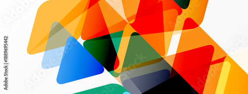 Abstract geometric shapes overlap, creating vibrant color blends. Composition features transparency, dynamic angles, modern design.
