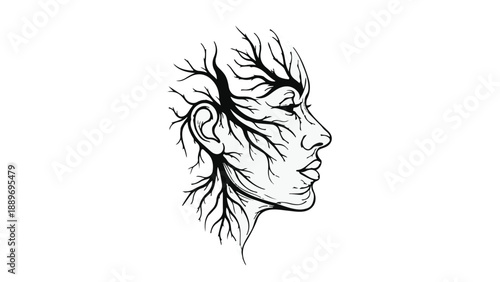 Ethereal profile of a woman's face merging with tree branches and roots, symbolizing nature and growth.