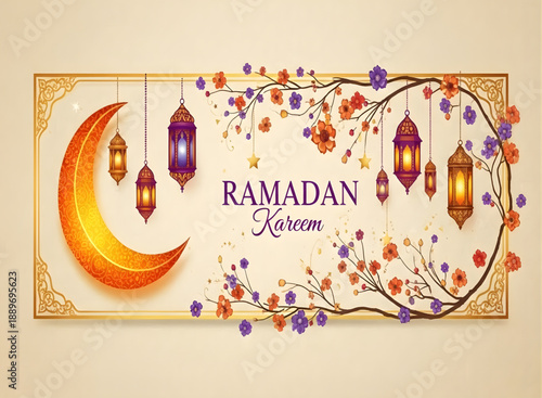 Ramadan kareem greeting with lanterns and floral decoration