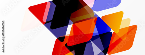 Abstract geometric shapes overlap, creating vibrant color blends. Red, orange, blue, purple dominate composition. Modern design.