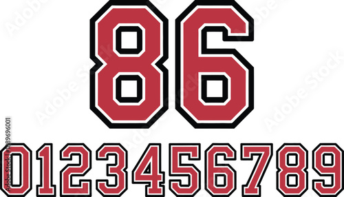 Red and white sports jersey numbers 86 and 0123456789