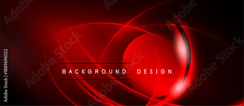Abstract red design features curved lines, glowing effects. Dark background enhances vibrant visual impact. Modern aesthetic.