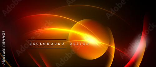 Abstract design features glowing curves, vibrant orange, yellow hues. Dark background enhances luminosity, creating dynamic visual effect.