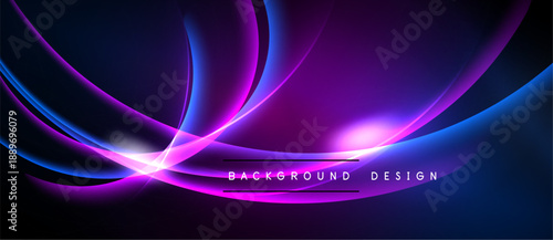 Abstract vibrant curves, purple, blue hues. Dynamic light effects create modern background design. Smooth gradients, elegant composition.