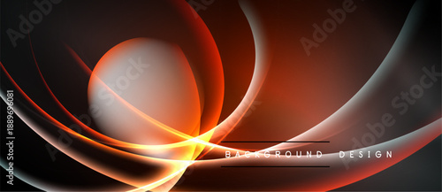 Abstract design features flowing shapes, warm colors, dynamic curves. Dark background enhances vibrant orange, red elements. Modern aesthetic.