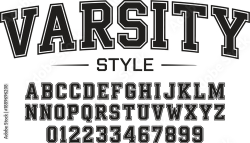Black varsity style lettering with alphabet and numbers
