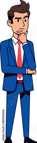 Man in suit thinking with hand on chin, pensive expression