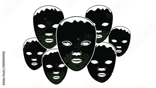 Mysterious dark masks evoke a sense of anonymity and hidden identity.