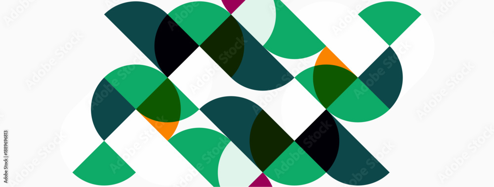 Naklejka premium Abstract pattern features overlapping semicircles. Green, teal, orange, pink hues create dynamic composition on white background. Modern design.