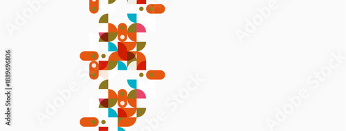 Abstract geometric shapes overlap, creating colorful pattern. Orange, teal, brown tones dominate white background. Modern design element.