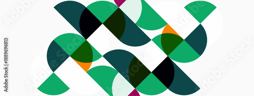 Abstract pattern features overlapping semicircles. Green, teal, orange, pink hues create dynamic composition on white background. Modern design.