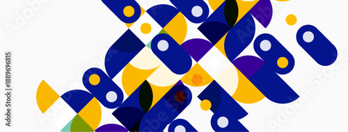 Abstract geometric shapes overlap, creating vibrant patterns. Yellow, purple, navy dominate composition. Modern design elements present.