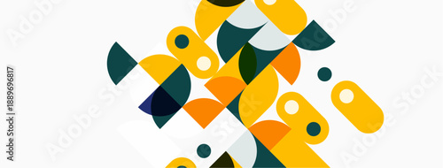 Abstract geometric shapes overlap, creating vibrant composition. Yellows, greens, blues dominate neutral background. Modern design elements present.