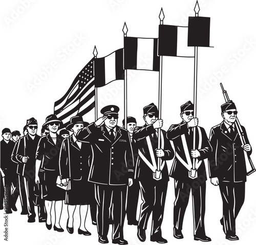 Veterans day parade with american and french flags Vector