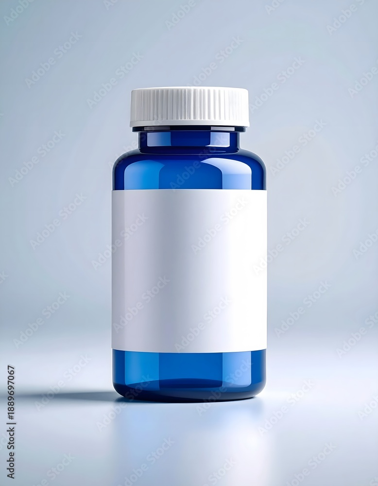 Fototapeta premium Blue Medicine Bottle with Blank Label on a Light Blue Background