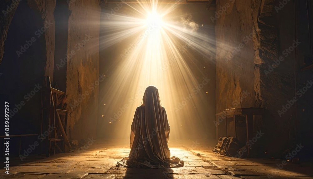 Fototapeta premium Beautiful hyper-realistic painterly portrait of a young humble Judean woman, softly lit with emotional depth and historical atmosphere. Semi-realistic scene emphasizing grace and quiet dignity.