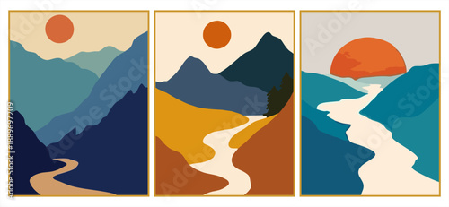 Set of three minimalist mountain and river landscapes. Modern boho posters featuring winding rivers, mountain peaks, and a large sun in vibrant blue, gold, and orange tones. Vector.