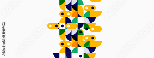 Abstract geometric shapes, circles, squares, rectangles. Yellow, green, blue colors dominate composition. Minimalist design, modern aesthetic.