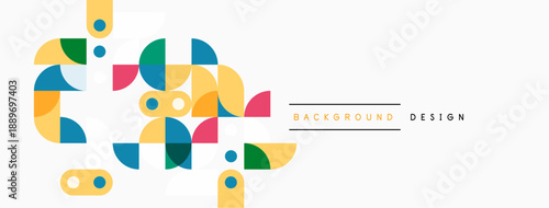 Abstract geometric shapes, vibrant colors, modern design. Background features overlapping circles, squares, triangles. Clean, minimalist aesthetic.