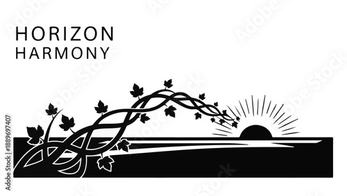 Stylized sunrise over water with entwined vines and leaves