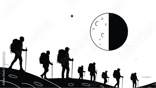 Adventurous hikers trek under a stylized moonlit sky, symbolizing exploration and a journey.