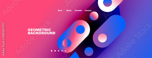 Abstract geometric design. Vibrant pinks, blues create modern website header. Text displays Geometric Background. Navigation links present.