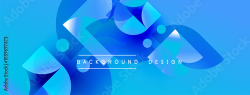 Abstract blue shapes overlap, creating dynamic background. Modern design features gradients, curves, text elements. Bright, clean aesthetic.