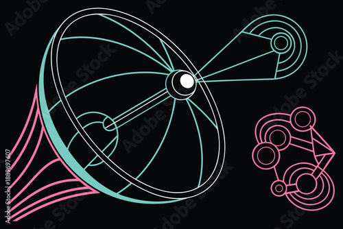 Abstract atomic model with pink and teal lines on black background science technology
