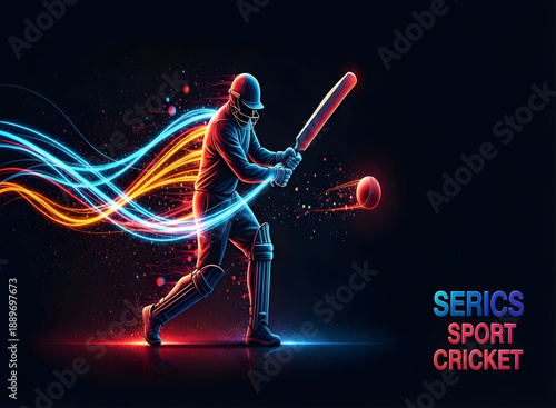 Cricket batsman striking ball with energy trails