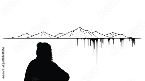 Lone figure gazes at a vast mountain range reflected in still water.