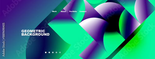 Abstract geometric background features vibrant turquoise, purple hues. Modern design includes navigation work, about, portfolio, contact. Minimalist aesthetic.