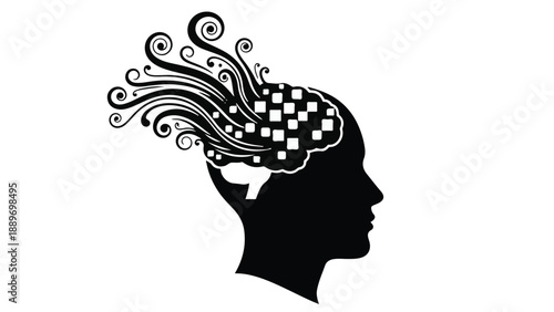 Abstract representation of creative ideas bursting from a silhouette head