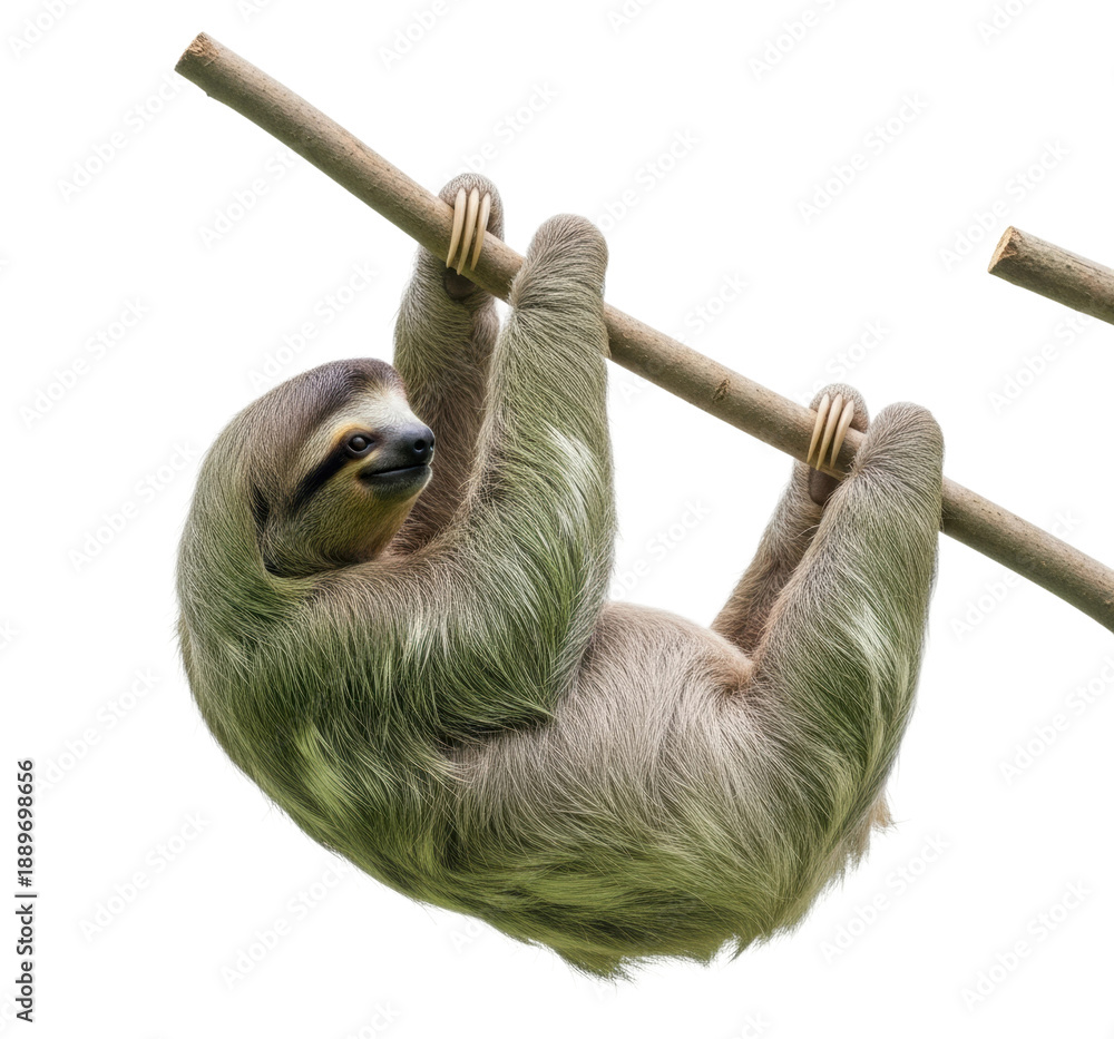 Fototapeta premium Sloth hanging from tree branch rainforest wildlife isolated on transparent background