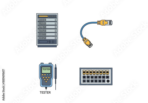 Electronic devices and cables displayed on a white background with a tester device