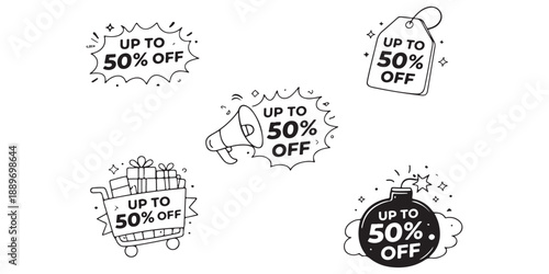 Collection of Hand-Drawn Sale Icons - Up to 50% Off Tags and Badges