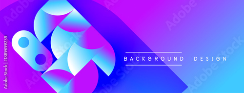 Vibrant abstract shapes blend purple, blue hues. Modern design suggests digital art, fluid motion, dynamic composition. Background features text elements.