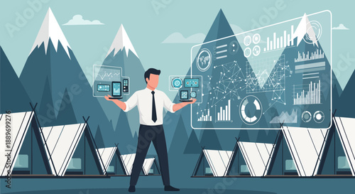 Businessman Interacting with Virtual Data Screens