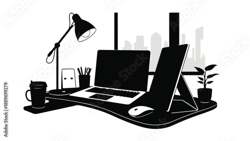 Modern and organized home office setup with laptop, tablet, and desk lamp overlooking city skyline.