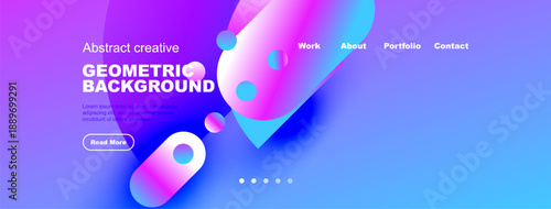 Abstract design features vibrant blue, pink shapes. Text promotes geometric background, includes navigation options. Modern, clean aesthetic.