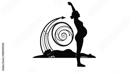 Pregnant woman stretching upwards with a serene, swirling design representing growth and wellness