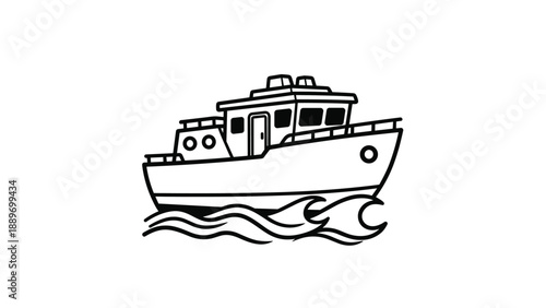 Fishing boat cruising on the ocean waves presented in a black and white line art style for kids coloring book activities.
