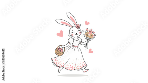 Charming bunny rabbit wearing a floral dress and carrying a basket of easter eggs while holding a beautiful flower bouquet.