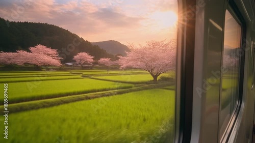 Spring countryside from train window