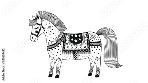 Artistic decorative horse illustration featuring intricate patterns and stars on the saddle in a folk art drawing style.