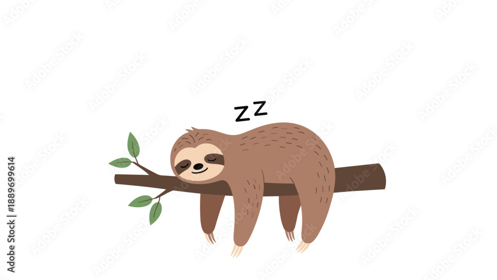 Fototapeta premium Calm brown sloth sleeping soundly on a tree branch with green leaves for nature and relaxation concepts illustration.