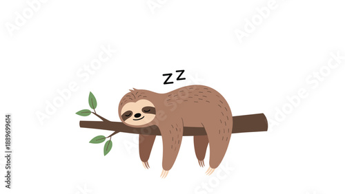 Calm brown sloth sleeping soundly on a tree branch with green leaves for nature and relaxation concepts illustration.